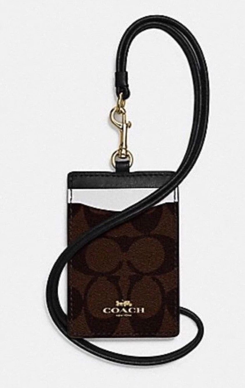 Coach Logo Signature C Leather Brown White Colorblock Lanyard ID Credit Card - Picture 2 of 6